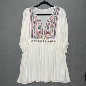 Umgee Women's Sz S Floral Embroidered Dress Boho Hippie Gauzy Festive Tassels